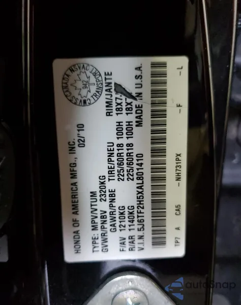 2010 Honda Accord Crosstour Exl из США, поврежденный, VIN 5J6TF2H5XAL801410